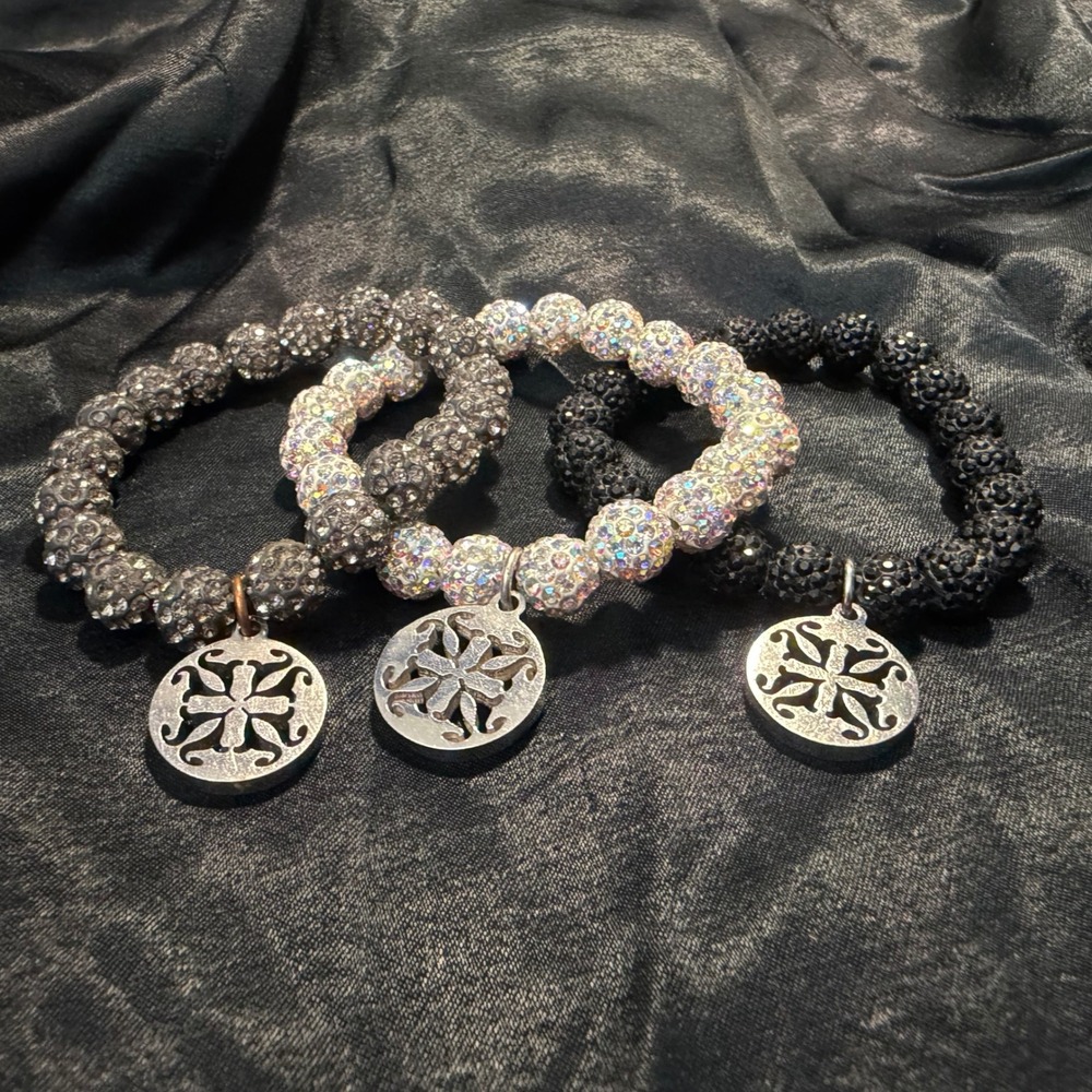 Rustic Cuff Beaded Bracelet Set OS Black Silver Iridescent Pavé Crystal Charms